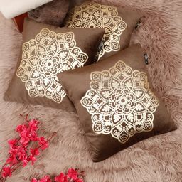 Myntra Elegant Homes Brown & Gold-Toned 3 Pieces Printed Velvet Square Cushion Covers-image-89
