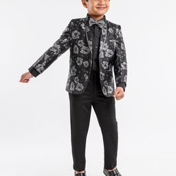 Babyhug Full Sleeves Party Suit With Bow Floral Print- Black-image-11