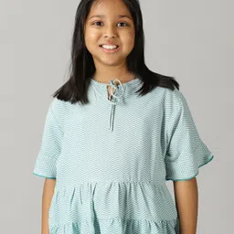 Kiddopanti Three Fourth Sleeves Chevron Printed Peplum Style Top - Green White-picture-42