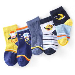 Cute Walk by Babyhug Cotton Knit Ankle Length Anti Bacterial Socks Astronaut Design Pack of 5 - Multicolor-image-95