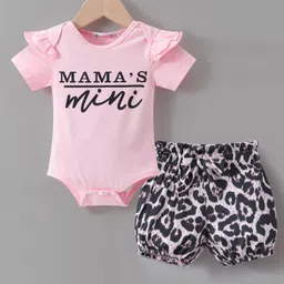 Kookie Kids Half Sleeve Onesie With Shorts Text & Leopard Print - Pink & Black-picture-5