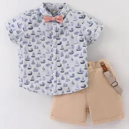 ToffyHouse 100% Cotton Knit Half Sleeves Boat Printed Shirt & Shorts Set with Bow & Suspender - Biege-picture-41
