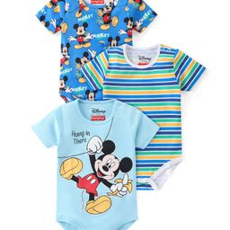 Babyhug Disney Cotton Knit Half Sleeves Onesies with Mickey Mouse Graphics Pack of 3 - Multicolour-image-31