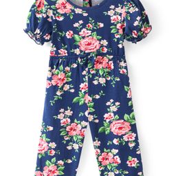 Babyhug Single Jersey Knit  Half Puffed Sleeves Floral Printed Jumpsuit with Bow Applique - Navy Blue-image-94