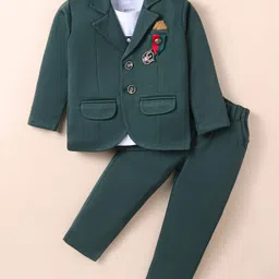 JASH KIDS Cotton Knit Full Sleeves Solid Colour Blazer with Printed T-ShirtTrouser Set & Broach Detailing - Dark Green-picture-14
