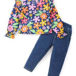 Babyhug Cotton Knit Full Sleeves Frill Detailed Floral Printed Top & Denim Pants Set - Navy-image-44