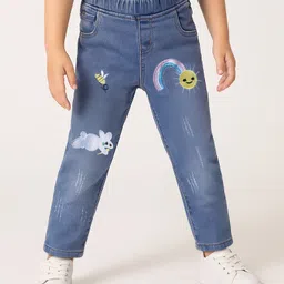 Kookie Kids Full Length Washed Denim Jeans With Bunny Embroidery - Blue-picture-44