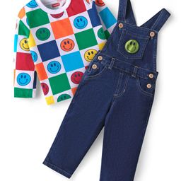 Babyhug Single Jersey Knit Full Sleeves Smiley Printed T-Shirt & Full Length Denim Dungaree - Navy Blue-image-26