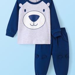 Doodle Poodle Light Weight Cotton Knit Raglan Sleeves T-Shirt & Lounge Pants Winter Wear Suit With Bear Print & Applique - Navy & Grey-image-46