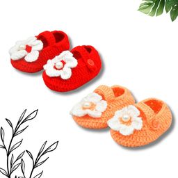 Funkrafts Pack Of 2 Handmade Crochet Woollen Floral Baby Booties - Red & Peach-2
