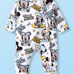 Babyhug Disney Interlock Knit Full Sleeves Front Open Footed Sleep Suit with Mickey Mouse Print - White-image-25