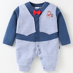Mini Taurus Interlock Knit Full Sleeves Party Wear Romper with Bow Applique - Royal Blue-image-56