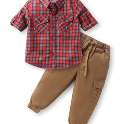 Babyhug Cotton Woven Full Sleeves Checks Shirt & Lounge Pant Set - Red & Tan-image-2
