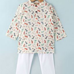 Ridokidz Cotton Full Sleeves Animal Printed Kurta Pyjama - Off White-image-104