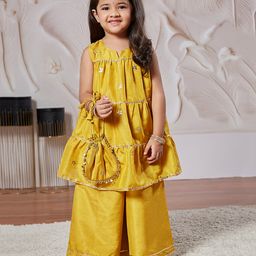 Vastramay Tissue Sleeveless Floral Embroidered & Lace Embellished Kurta Palazzo With Potli Bag Set - Mustard-image-59