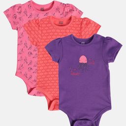 MINI KLUB Cotton Pack Of 3 Half Sleeves Birds & Octopus Printed Onesies - Pink Peach & Violet-image-91