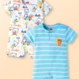Babyhug 100% Cotton Knit Half Sleeves Romper With Stripes &Animal Print Pack of 2 - White & Light Blue-image-49