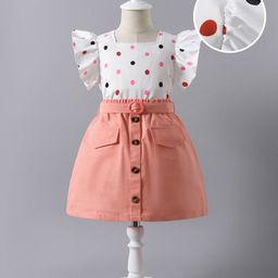 Mark & Mia Frill Sleeves Top & Skirt Set With Polka Dot Print - White & Peach-image-17