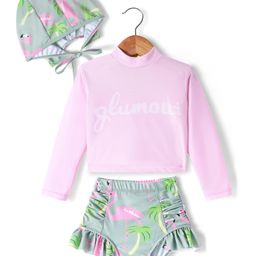 KIDLINGSS Full Sleeves Glumoui Text & Flamingos Printed Top & Panty With Cap Set - Pink-image-42