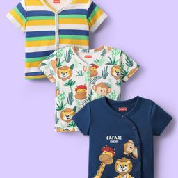 Babyhug 100% Cotton Antibacterial Half Sleeves Front Open Vest With Stripes & Animal Print Pack Of 3 - Navy Blue & White-picture-15