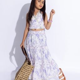 Taffykids 100% Cotton Sleeveless Floral Printed Lace Embellished Top & Tiered Skirt Set - White & Purple-image-85