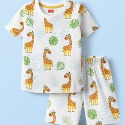 Babyhug Cotton Knit Half Sleeves Co-ords Shorts Night Suit With Giraffe Print - White-image-10