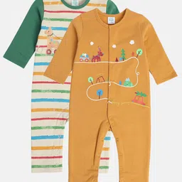 MINI KLUB Cotton Pack Of 2 Full Sleeves Striped & Trees Printed Rompers - White & Brown-picture-47