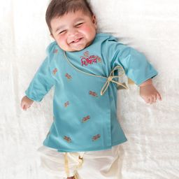 Tiber Taber 100% Cotton Full Sleeves Om Namah Shivay Text & Damru Embroidered Dhoti Kurta Set - Blue-image-53