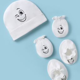 Bubble Pop Cotton Knit Cap Mitten & Booties Set with Winky Face Print White - Diameter 9 cm-image-9