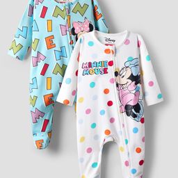 Babyhug Disney Interlock Knit Full Sleeves Footed Front Open Sleep Suits with Minnie Mouse Graphics Pack of 2 - White & Light Blue-picture-34