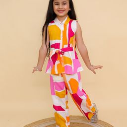 Titrit Cotton Woven Sleeveless Abstract Printed Shirt Style Top & Coordinating Pant Set - Multi Colour-image-89
