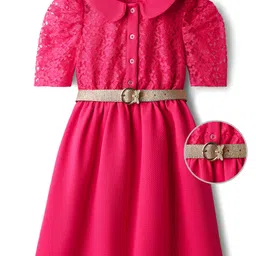 Hola Bonita Knit Half Sleeves Peter Pan Collar Frock with Belt with Lace Detailing - Dark Pink-picture-2