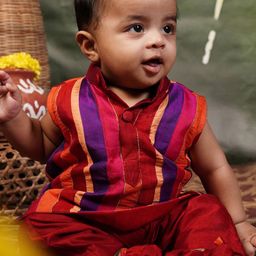 MIRALI Prayag Boys Striped Band Collar Cotton Silk Kurta With Trouser-image-44