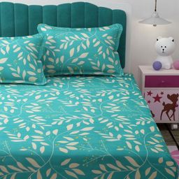 Florida Teal & White Floral 180 TC Queen Bedsheet with 2 Pillow Covers-27