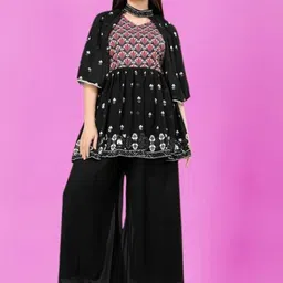 PARROT CREATION Floral Embroidered Georgette Anarkali Kurti With Sharara-image-89