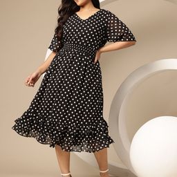 Sztori Plus Size Polka Dot Print Georgette Fit & Flare Midi Dress-6