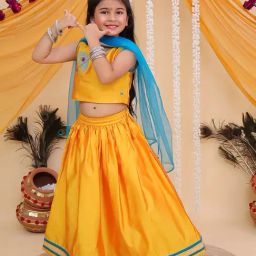 The Mom Store Girls Yellow Cotton Embroidered Lehenga Set-picture-34