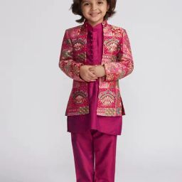 VASTRAMAY Boys Magenta Self Design Indo Western Set-image-98