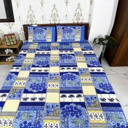 Marika Blue & White Ethnic Motifs 160 TC Queen Bedsheet with 2 Pillow Covers-image-70