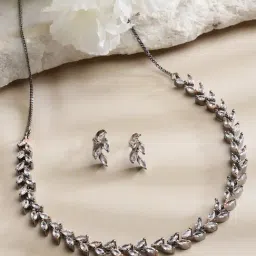 Zeneme Rose Gold Plated Dual Tone AD Stone Studded Leaf Shaped Jewellery Set-image-6