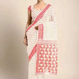 Kalakari India White & Red Cotton Silk Woven Saree With Unstitched Blouse-picture-7