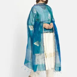 Fabindia Teal Blue Woven Pattern Dupatta-picture-18