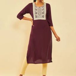 Soch Wine Rayon Yoke Design Kurta With Thread Work-image-4