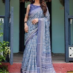 all about you Floral Printed Zari Pure Linen Saree-image-99