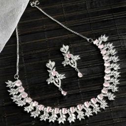 Zeneme Rhodium Plated AD Studded Statement Necklace Set-29