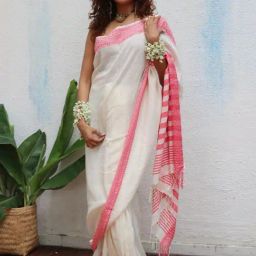 Chidiyaa White Uma Vaarahi Handwoven Linen Cotton Jamdani Saree-image-30
