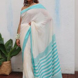 Chidiyaa White Uma Abhaya Handwoven Linen Cotton Jamdani Saree-picture-45