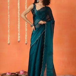 Tikhi Imli Blue Solid Saree with Unstitched Blouse-picture-33