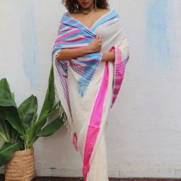 Chidiyaa White Uma Sadhvi Handwoven Linen Cotton Jamdani Saree-image-22