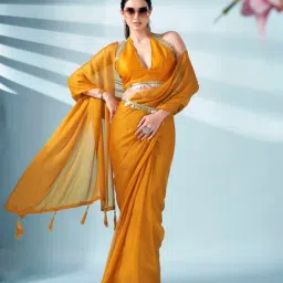 Tikhi Imli Mustard Solid Saree with Unstitched Blouse-image-86